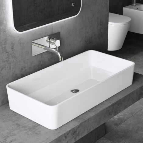 Doporro – Vasque à poser en solid surface rectangulaire blanche 80x40x15cm – Lave mains sans trop-plein – Installation sans perçage - Colossum102