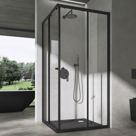 Cabine de douche d'angle noire - Porte coulissante sans cadre