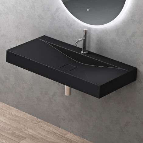 doporro Vasque à Poser 60cm avec Bonde Lavabo Suspendu Noir Mat Colossum810 Fonte Minérale Solid Surface 80x48x12cm
