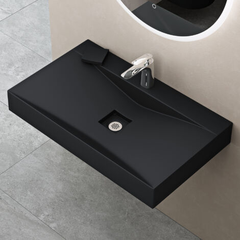 doporro Vasque à Poser 100cm avec Bonde Lavabo Suspendu Noir Mat Colossum810 Fonte Minérale Solid Surface 100x48x12cm