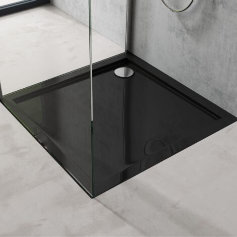 doporro Receveur de Douche Antiglisse Bac à Douche Carré Extraplat Acrylique Noir Faro01 90x90x4cm + Bonde AL02
