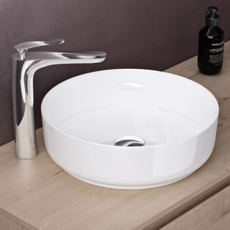 Doporro – Lavabo vasque à poser rond blanc 40x40x13 cm – Céramique NANO Easy Clean – Lave mains sans trop-plein – Installation sans perçage - Bruxelles203