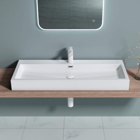 doporro Vasque à Poser 120cm Lavabo Suspendu Blanc Colossum06 Fonte Minérale Solid Surface 120x42x10cm