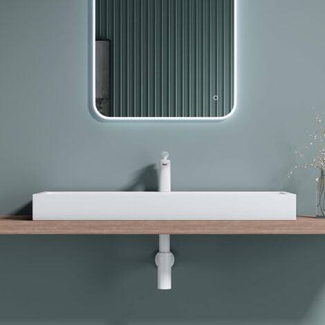 doporro Vasque à Poser 120cm Lavabo Suspendu Blanc Colossum06 Fonte Minérale Solid Surface 120x42x10cm