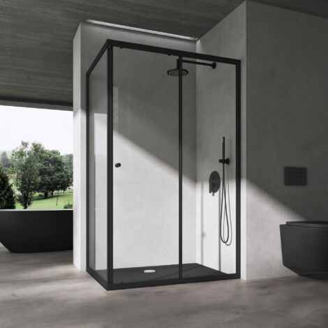 doporro Cabine de Douche en Angle Porte Coulissante Verre de Sécurité Transparent 6mm avec Revêtement NANO Ravenna16L K 100x80x190cm Montage Réversible avec Receveur de Douche Profilé Noir (1/5)