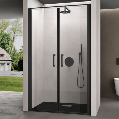 doporro Porte de Douche Pivotante pour Niche Paroi de Douche Transparente Verre de 8mm avec Revêtement Anti-calaire Teramo66K 120x195cm Montage Réversible Profilé Noir (1/5)
