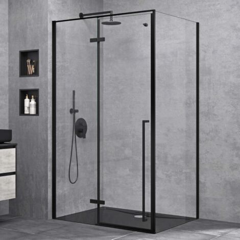 doporro Cabine de Douche Transparent Noir avec Porte Pivotante Paroi de Douche Verre de Sécurité Nano Ravenna64 90x140x195cm Montage Réversible (1/5)