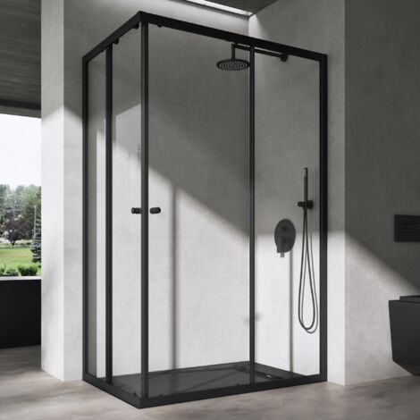doporro Cabine de Douche Transparent en Angle Paroi de Douche avec Portes Coulissantes Profilé Noir Ravenna16K-Plus 140x80x190cm Montage Réversible (1/5)