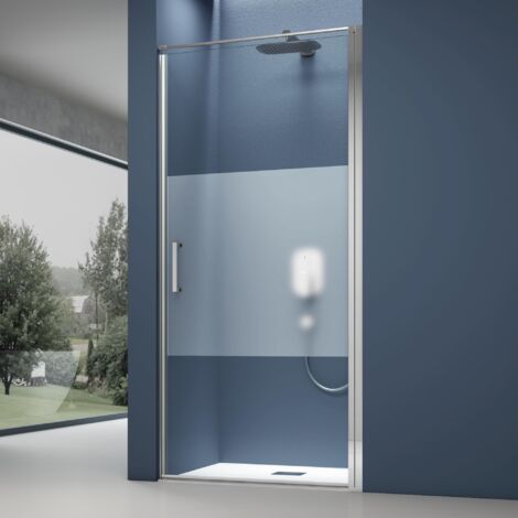 doporro Porte de Douche Pivotante Paroi de Douche pour Niche Verre de 8mm avec Revêtement Anti-calaire Transparente avec Bande Opaque 100x195cm Montage Réversible Teramo36MS (1/5)