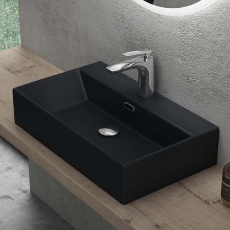 Doporro – Lavabo à poser noir mat en céramique – Vasque rectangulaire 60x36x13 cm – Lave mains suspendu avec trop-plein – Facilité de nettoyage Nano - ssel206