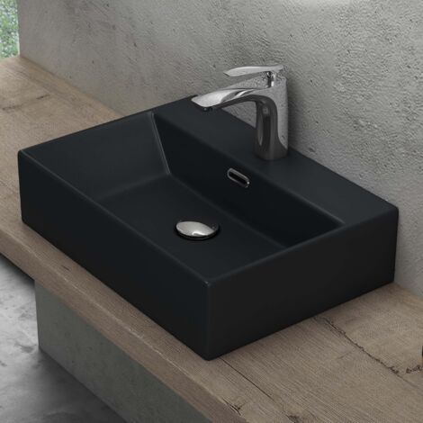 Doporro – Lavabo à poser noir mat en céramique – Vasque rectangulaire 51x36x13cm – Lave mains suspendu avec trop-plein – Nettoyage facile - ssel206