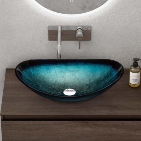 doporro Lavabo à Poser Vasque en Verre Bleu Lave Mains Ovale de Salle de Bains Petit Lave-Mains pour WC 53,5x35,5x16 cm Minerva08