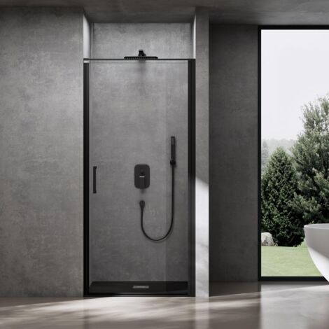 doporro Porte de Douche Pivotante Transparente 90x195cm Montage Réversible Paroi de Douche Noir pour Niche Verre de 8mm avec Revêtement Anti-calaire Teramo36K (1/5)