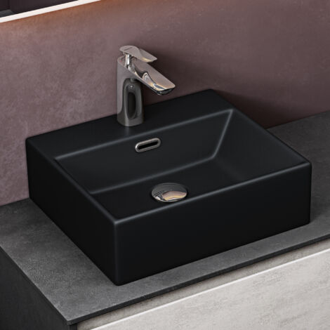 doporro Lavabo à Poser Vasque Suspendu en Céramique Lave Mains Rectangulaire pour Salle de Bain Brüssel206 Noir Mat 41x36x13cm