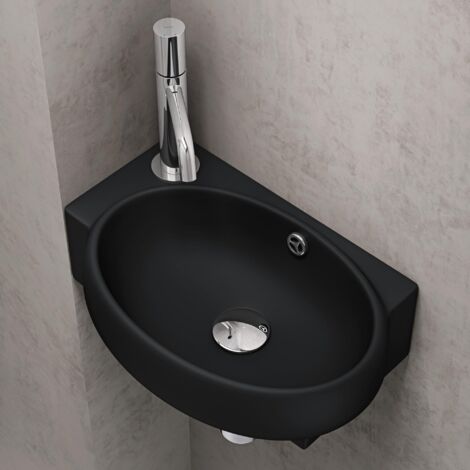 doporro Lavabo Vasque à Monter au Mur Lave Mains à Suspendre à Poser Noir Mat Traitement Anticalaire en Céramique 42x28x15cm Bruxelles001R (1/5)