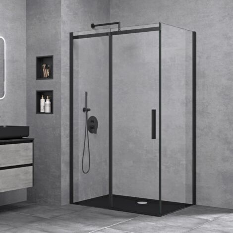 doporro Cabine de Douche Transparent 90x100x195cm Montage Réversible Porte Coulissante Paroi de Douche en Angle Ravenna18K Schwarz (1/5)