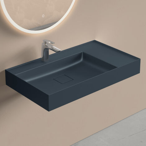 doporro Lavabo Suspendu avec Bonde Vasque à Poser Gris Noir Mat 80x46x12cm Lave Mains Rectangulaire avec Perçage de Robinet Colossum630