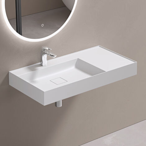 doporro Lavabo Suspendu avec Bonde Vasque à Poser Blanc Mat 90x46x12cm Lave Mains Rectangulaire avec Perçage de Robinet Colossum630