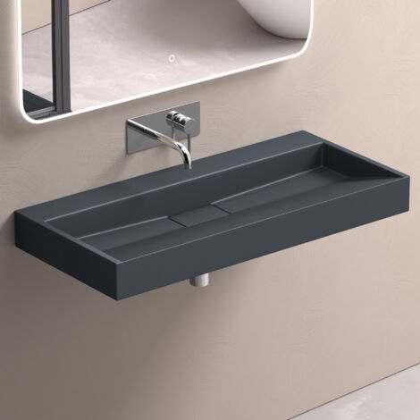 doporro Lavabo Suspendu avec Bonde Vasque à Poser Gris Noir Mat 100x46x11cm Lave Mains Rectangulaire sans Perçage de Robinet Colossum19