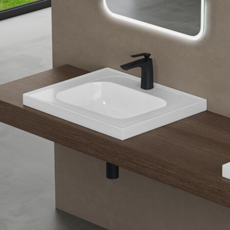 doporro Lavabo à Encastrer Blanc Vasque en Fonte Minérale Lave Mains Rectangulaire pour Salle de Bain 60x50x14,5cm Colossum3601-600 (1/5)
