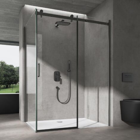doporro Cabine de Douche Noir en Angle 70x140x195cm Montage Réversible Porte Coulissante avec Receveur de Douche Blanc Verre de Sécurité Transparent 8mm avec Revêtement NANO et Amortisseur Ravenna19 (1/5)