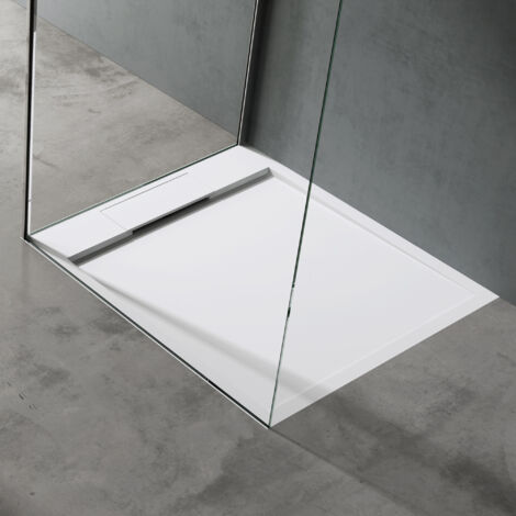 doporro Receveur de Douche Design Ultra Plat 4 cm Bac à Douche Rectangulaire en Solid Surface Blanc Mat Geoma04 90x100x4 cm avec Bonde AL06