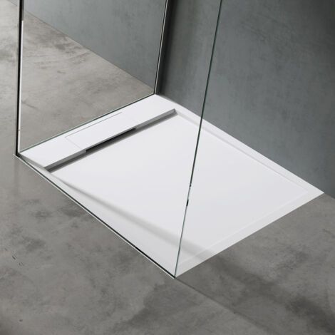 doporro Receveur de Douche Design Ultra Plat 4 cm Bac à Douche Rectangulaire en Solid Surface Blanc Mat Geoma04 90x100x4 cm (1/5)