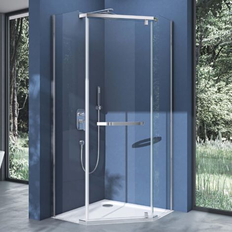 doporro Cabine de douche pentagonale paroi de douche en verre transparent ESG Nano anti-calcaire Ravenna08K avec bac à douche 90x90x195cm montage réversible