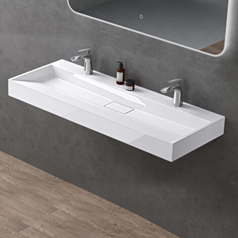 doporro Lavabo Suspendu avec Bonde Vasque à Poser Blanc 120x46x11cm Lave Mains avec 2 Percages Rectangulaire Colossum19