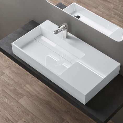 doporro Lavabo Suspendu Blanc 100cm Vasque à Poser avec Bonde Lave Mains Rectangulaire de Qualité pour Salle de Bain 100x48x13cm Colossum12-L