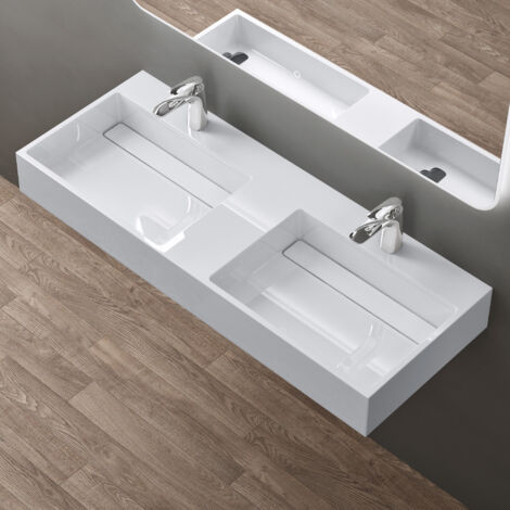 doporro Double Lavabo Suspendu Blanc 120cm Double Vasque à Poser avec Bonde Lave Mains Rectangulaire de Qualité pour Salle de Bain 120x48x13cm Colossum12