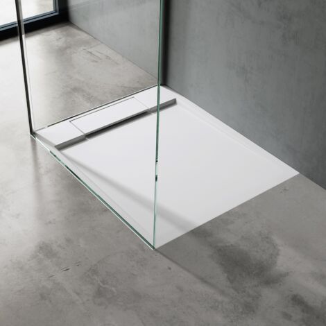 doporro Receveur de Douche Design Ultra Plat 4 cm Bac à Douche Rectangulaire en Solid Surface Blanc Mat Geoma04 75x80x4 cm avec Bonde AL06