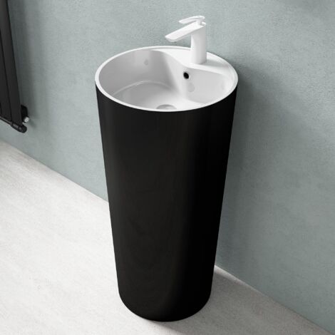 doporro Lavabo Colonne sur Pied Rond Noir + Blanc Vasque Fonte Minérale Solid Surface Lave Mains pour Salle de Bain 45x45x90cm Colossum35