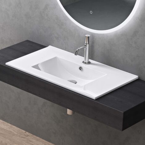 doporro Lavabo à Encastrer 81x47×18cm Lave Mains en Céramique pour Salle de Bain Blanc avec Revêtement NANO Brüssel912