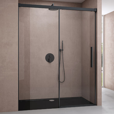 doporro Porte de Douche Coulissante avec Amortisseur 150x195cm pour Niche 150 Profilé Noir Verre de Sécurité Transparent avec Revêtement Anti-calaire Teramo12 (1/5)