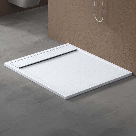doporro Receveur de Douche à Carreler à Poser en Solid Surface Bac à Douche Rectangulaire Antiglisse Blanc Mat Design Geoma10 90x100x3cm (1/5)
