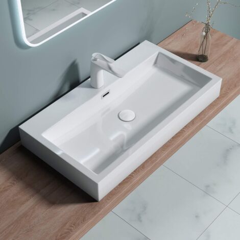 Doporro – Vasque à poser 76,5 cm – Lavabo suspendu rectangulaire blanc – Fonte minérale solid surface – Dimensions 76,5x42x10 cm – Trop-plein inclus - Colossum06