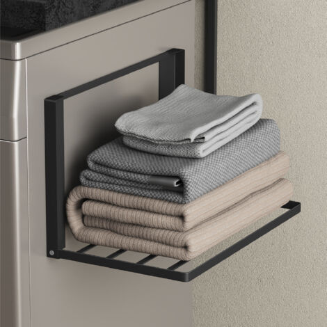 doporro Porte-Serviettes Mural Autocollant Support Magnétique pour Machine à Laver Étagère Douche Pliable en Acier au Carbone Noir Mat Accessoire de Salle de Bain 41×25×25,5 CM Folda-01