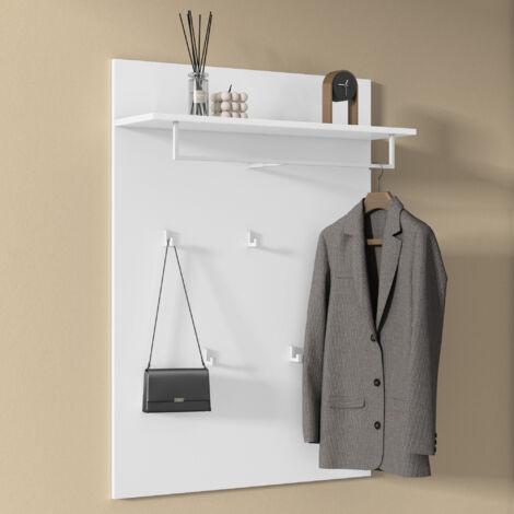 doporro Porte-Manteau Mural Panneau à Accrocher en Bois avec 5 Crochets pour Dressing Couloir Entrée 78 x 21,6 x108 cm Panneaux à Vêtements Portemanteaux Blanc Mat Design Gabo-01
