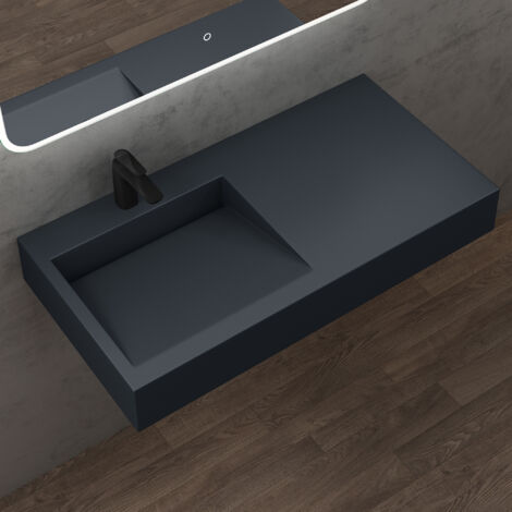 doporro Lavabo Vasque à Poser à Monter au Mur Suspendu Colossum11-1000 en Fonte Minérale Solid Surface Gris Noir Mat Rectangulaire 100x50x13cm