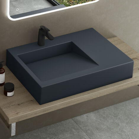 doporro Lavabo Vasque à Poser à Monter au Mur Suspendu Colossum11-750 en Fonte Minérale Solid Surface Gris Noir Mat Rectangulaire 75x50x13cm