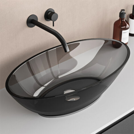 doporro Vasque à Poser Ovale Évier de Résine Transparente Lavabo pour Salle de Bains Toilettes Invitées Lave Mains Gris 63x34x17cm Coloria02