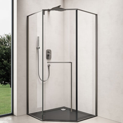 doporro Paroi de Douche Pentagonale Montage Réversible Cadre Réglable Cabine de Douche en Verre Transparent ESG Nano 8mm avec Bac à Douche Noir Ravenna68K-Plus 100x100x200cm (1/5)