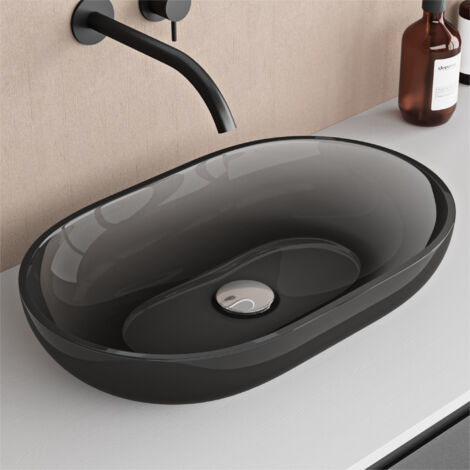 doporro Vasque à Poser Ovale Évier de Résine Transparente Lavabo pour Salle de Bains Toilettes Invitées Lave Mains Gris 54x34x10,5cm Coloria03