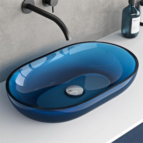 doporro Vasque à Poser Ovale Évier de Résine Transparente Lavabo pour Salle de Bains Toilettes Invitées Lave Mains Bleu 54x34x10,5cm Coloria03 (1/5)
