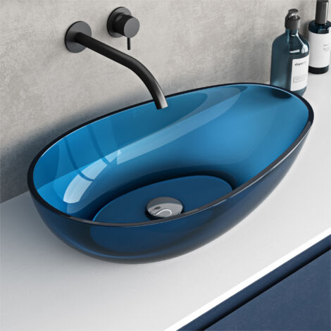 doporro Vasque à Poser Ovale Évier de Résine Transparente Lavabo pour Salle de Bains Toilettes Invitées Lave Mains Bleu 60x36x14cm Coloria04