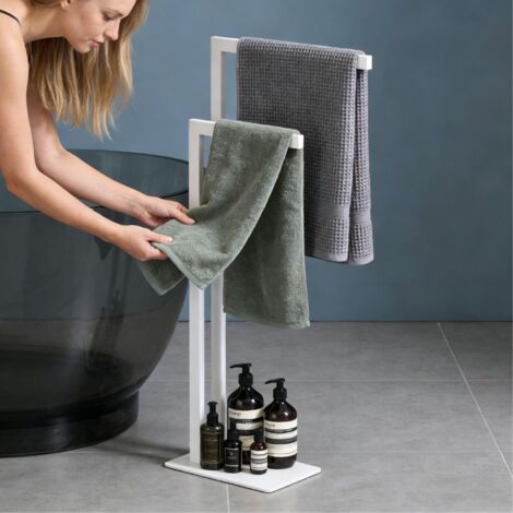 doporro Porte-Serviettes Autoportant sur Pied Support de Serviettes avec Étagère sur Base en Inox 304 Séchage à 2 Niveaux Porte-Serviettes de Sol pour Salle de Bain Blanc Mat Tavrin-02 (1/5)