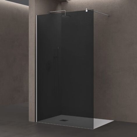 doporro Paroi de Douche à L'Italienne Verre de Securite Gris Teinté 8mm Douche Barre de Stabilisation Ronde Chromée Inox Bremen01VG 140x200cm Montage Réversible