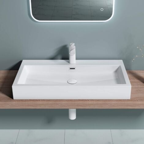 doporro Vasque à Poser 76,5cm Lavabo Suspendu Blanc Colossum06 Fonte Minérale Solid Surface 76,5x42x10cm
