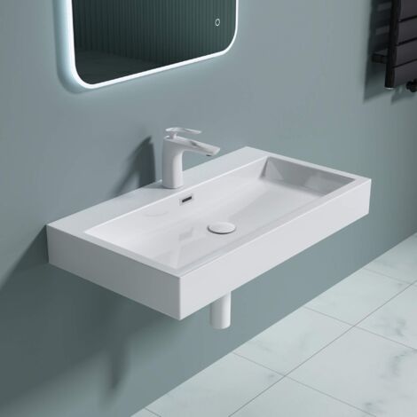 doporro Vasque à Poser 76,5cm Lavabo Suspendu Blanc Colossum06 Fonte Minérale Solid Surface 76,5x42x10cm